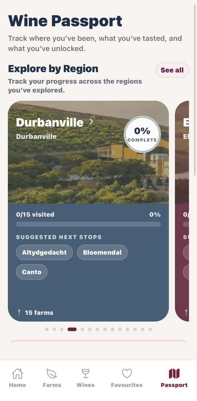 Passport screen in the Cork & Vine mobile app